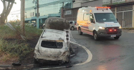 Carro pega fogo após colisão em poste na SP-101, em Hortolândia