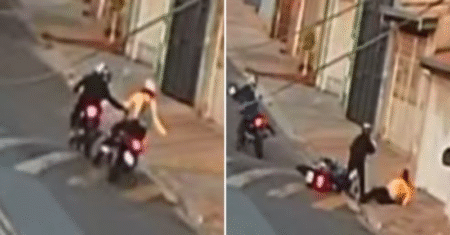 Criminosos derrubam mulher e roubam motocicleta em Hortolândia; ação foi registrada por câmeras