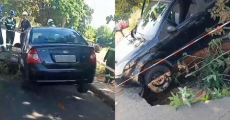 Carro cai em cratera em Hortolândia após asfalto ceder no bairro Vila Inema